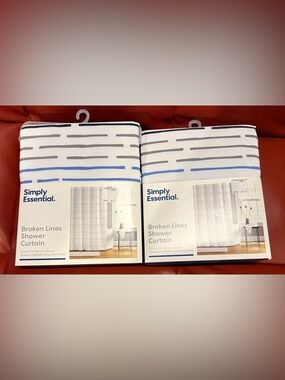 2 Simply Essential Broken Lines Shower Curtains- White with Gray & Blue Accents